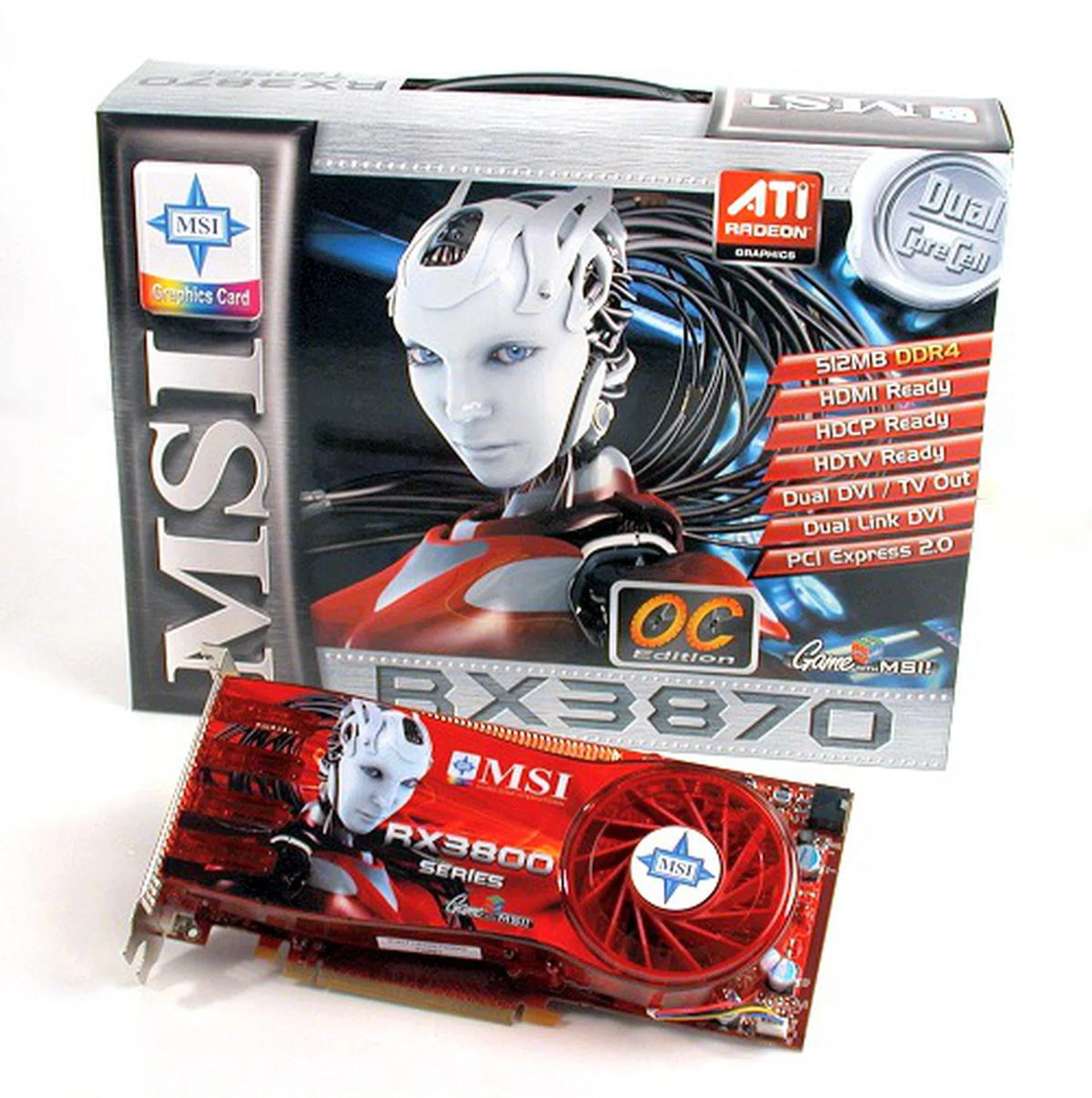 MSI's plain-Jane RX3870-T2D512E-OC graphics card looks identical to that of any other Radeon HD 3870, but has a higher core clock of 800MHz.