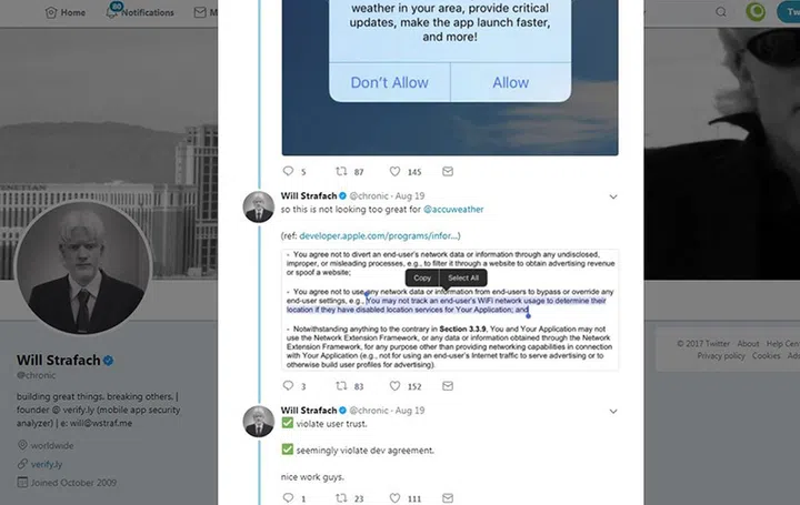 Strafach points out that Accuweather is specifically violating Apple's developer terms.