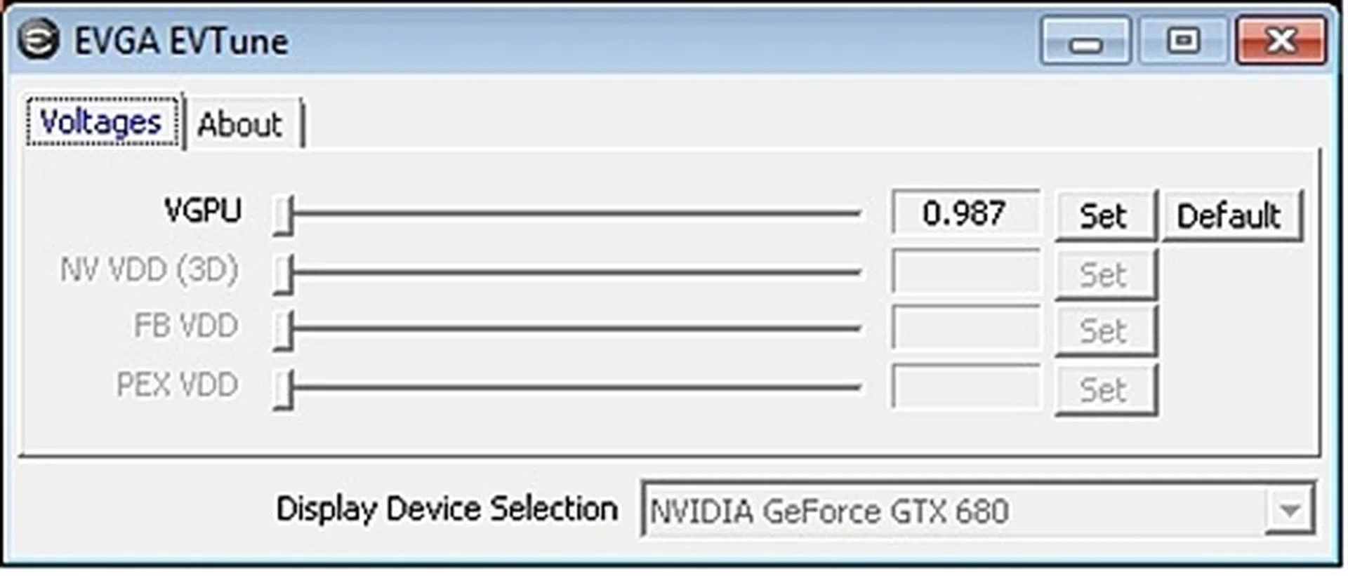 Upon clicking the Adjust Voltage button will bring up the EVGA EVTune interface for over-volting the GPU. Its default voltage is 0.987mV and we recommend not pushing it beyond 15% of its default value.