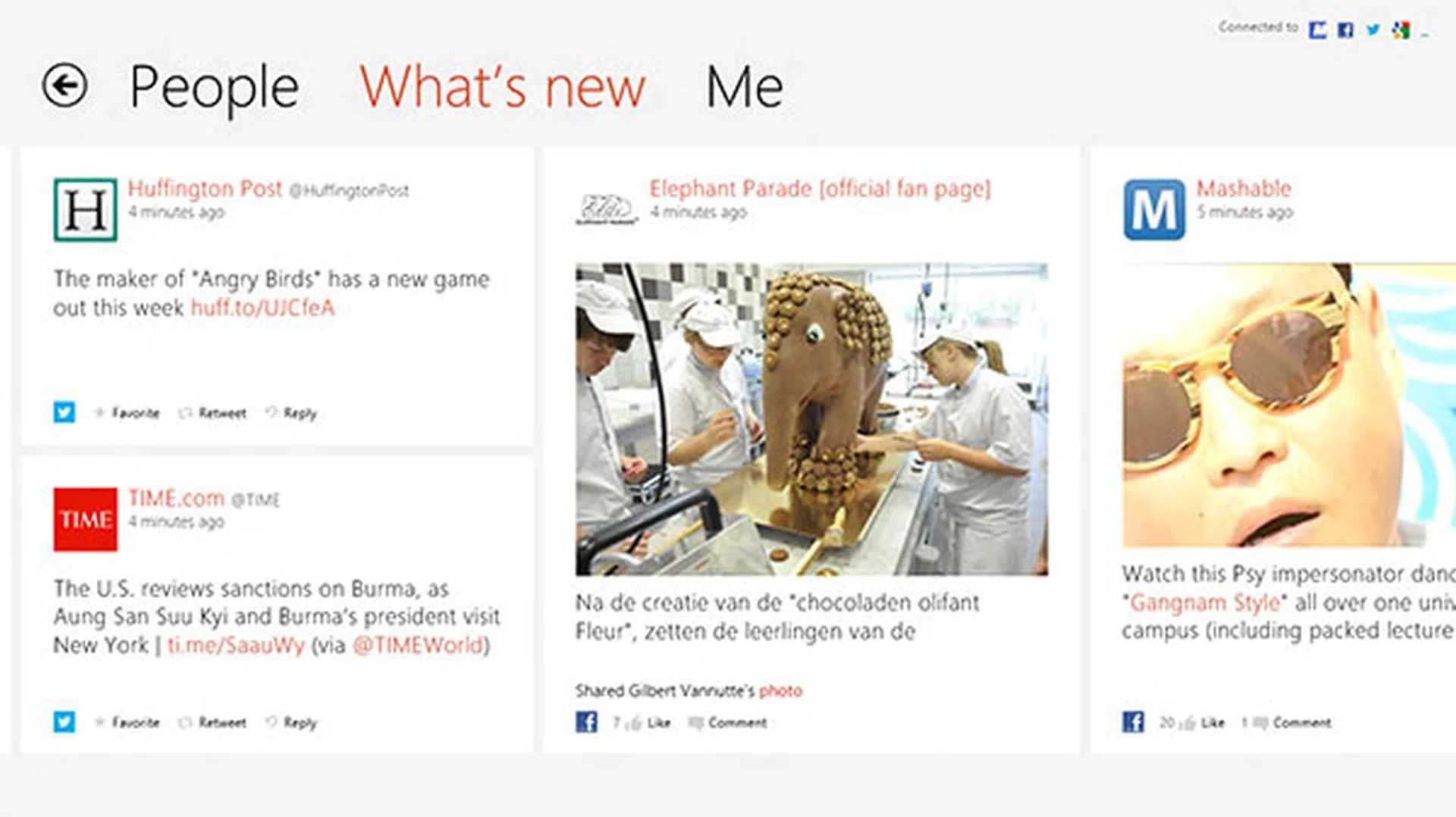 Choose 'What's new' to keep yourself up to date with the latest happenings across your social networks. You can 'like' and comment on a Facebook post, and retweet or reply to a tweet. To open a link, just tap on it. But like all Modern-style apps that present content, be prepared to keep scrolling horizontally.