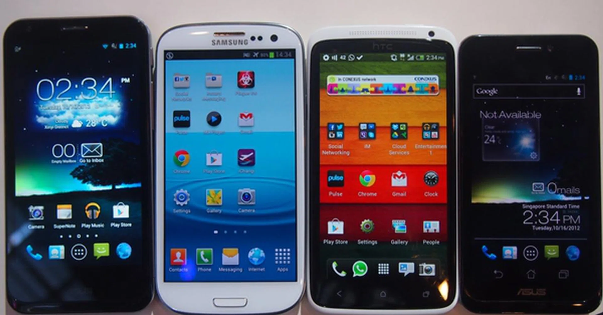 From left to right: ASUS PadFone 2, Samsung Galaxy S III, HTC One X and the PadFone.