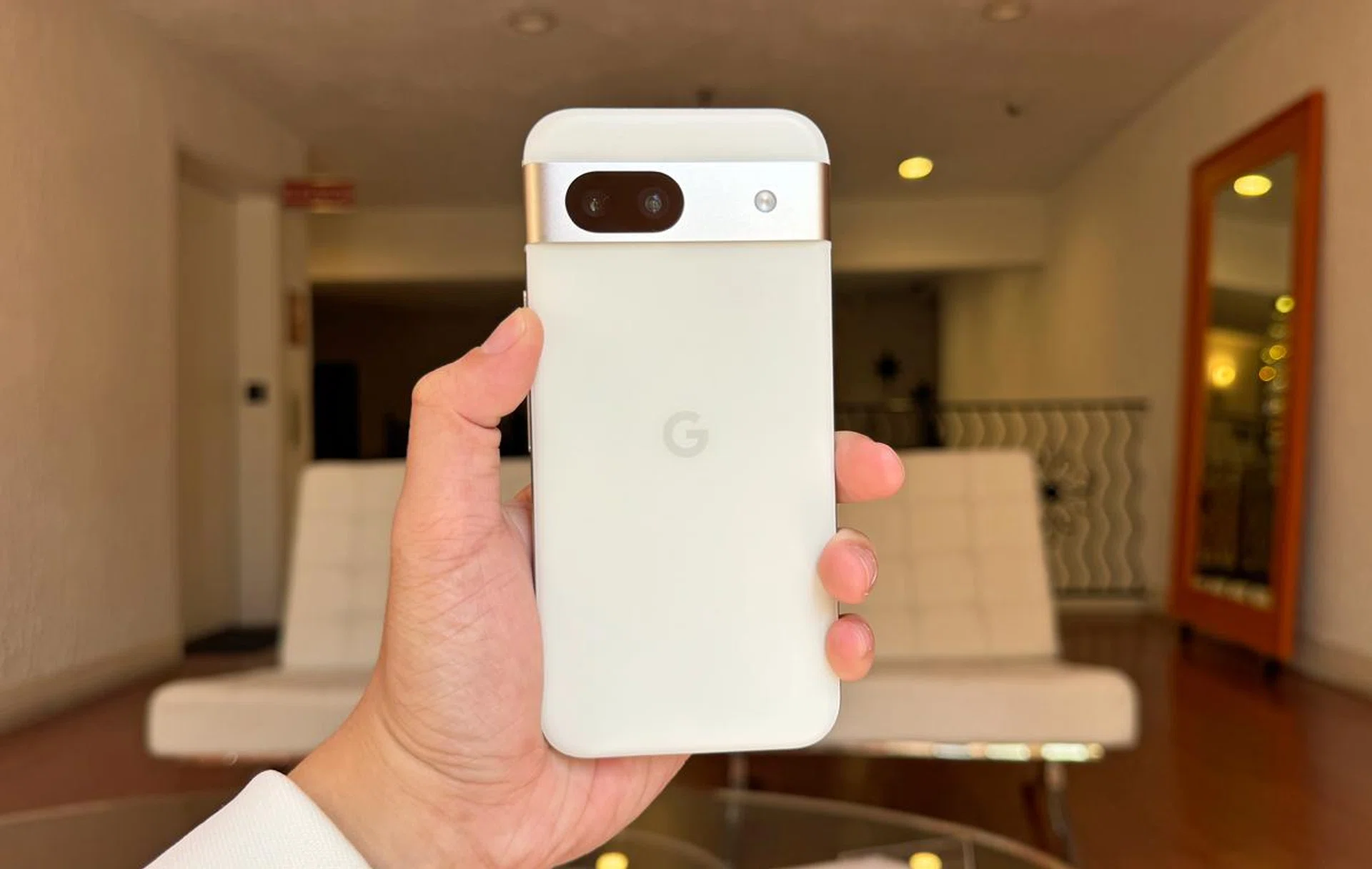 Google Pixel 8a in Porcelain.
