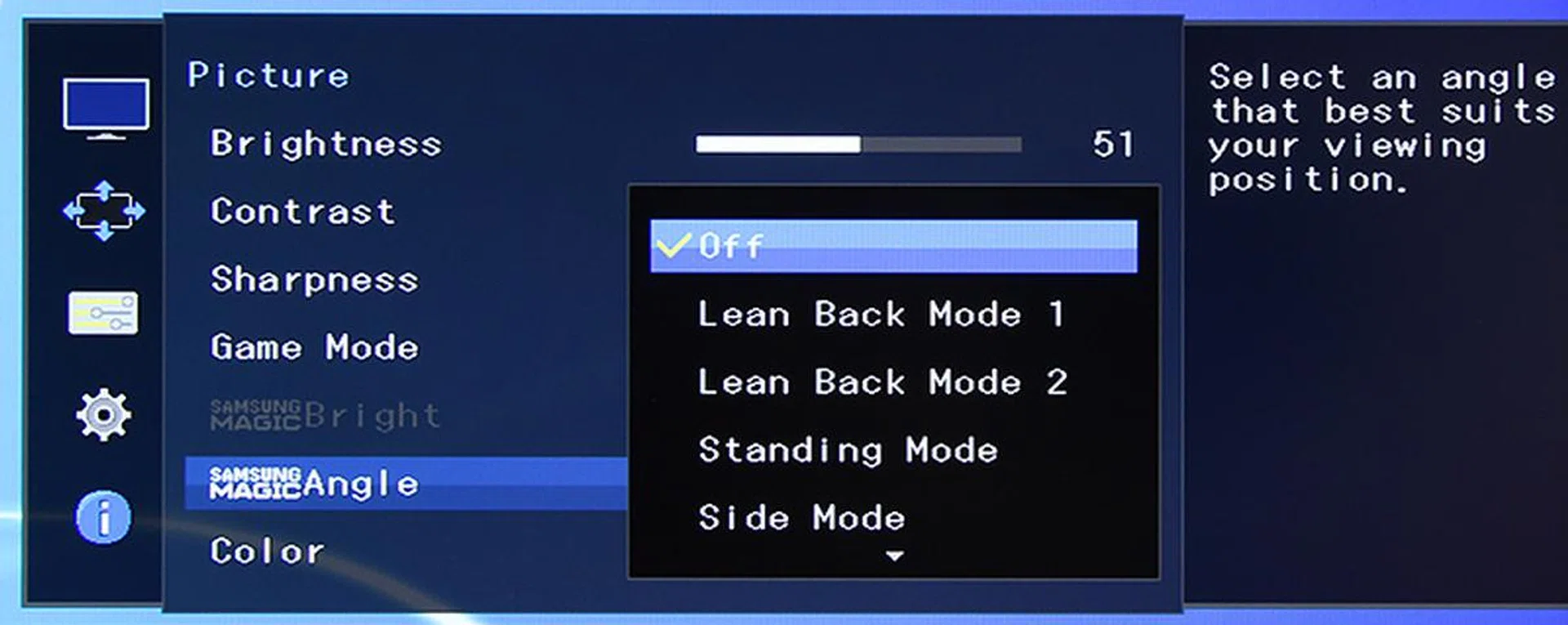 A long-time feature in Samsung's monitors, MagicAngle attempts to optimize colors and contrast based on the angle you're looking at the screen from.