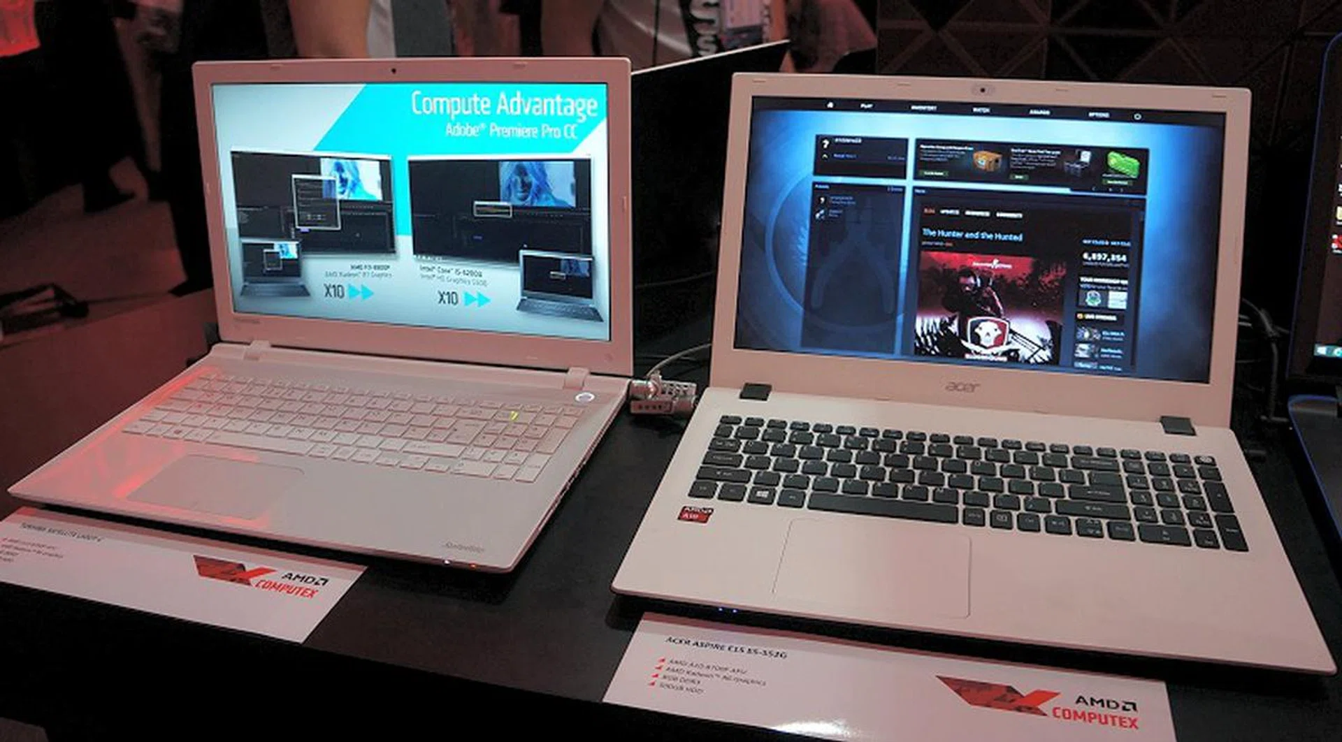 Now here's a pair of pretty looking notebooks that not only look chic and prim, thanks to the new Carrizo APUs, you can indulge in some decent gaming sessions too. Or just keep on watching videos one after another as AMD claims its new graphics core is very power efficient in video processing. On the left is an Acer Aspire E15 E5-552G and on the right is a Toshiba Satellite L50DT-C. Both are 15-inch clamshell notebooks with an AMD A10-8700P APU and have 8GB DDR3, along with a 500GB HDD.