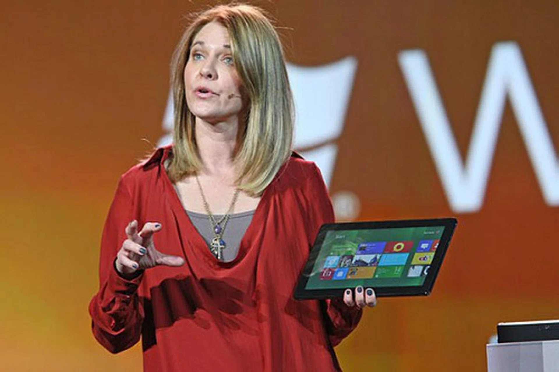 Microsoft’s Tami Reller, chief marketing officer, Windows and Windows Live, demonstrates touch capabilities on Windows 8 during the company’s keynote at CES 2012.