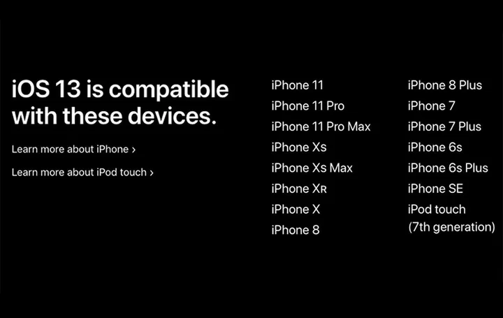 The current list of devices compatible with iOS 13. (Image: Apple website.)
