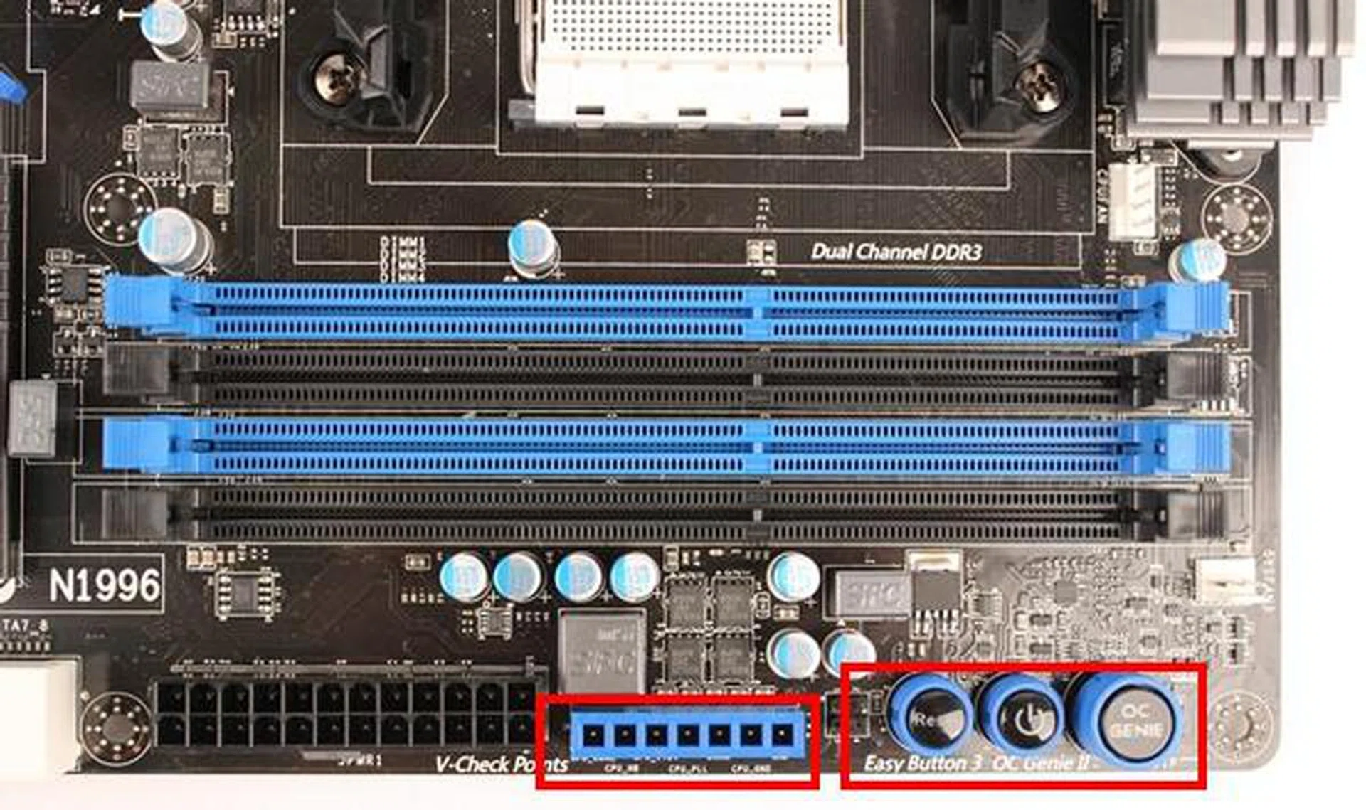 The FM2-A85XA-G65 board has the Easy Button 3 feature with the OC Genie button that provides for easy overclocking. Next to the Easy Buttons, we see the voltage checkpoints in their blue connector housing.