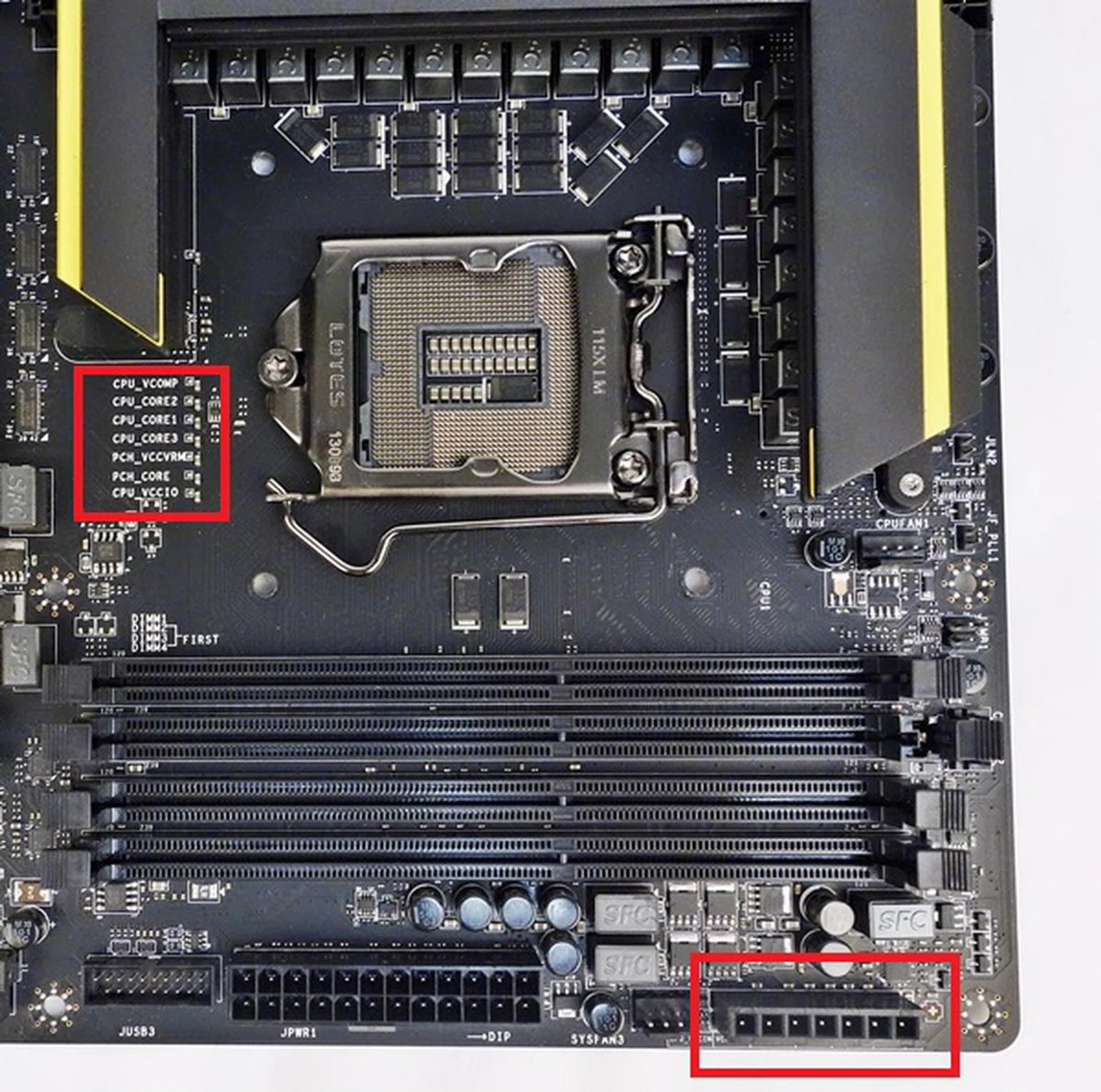 In the vicinity of the DIMM slots, there is the row of voltage point connectors at the edge of the board. Also, near the LGA 1150 CPU socket, there are voltage check points for the CPU and PCH.