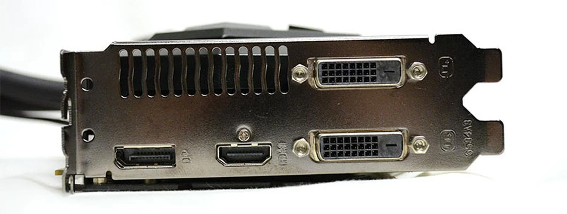 The card's display connectors include two DVI-D ports, one DisplayPort output, and one HDMI connector.