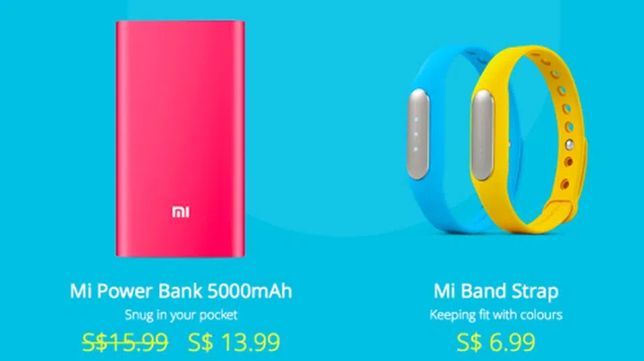 The Mi Power Bank 5,000mAh will be available in red and you can get two new colors (blue and yellow) for your Mi Band. <br> Image source: Mi Singapore