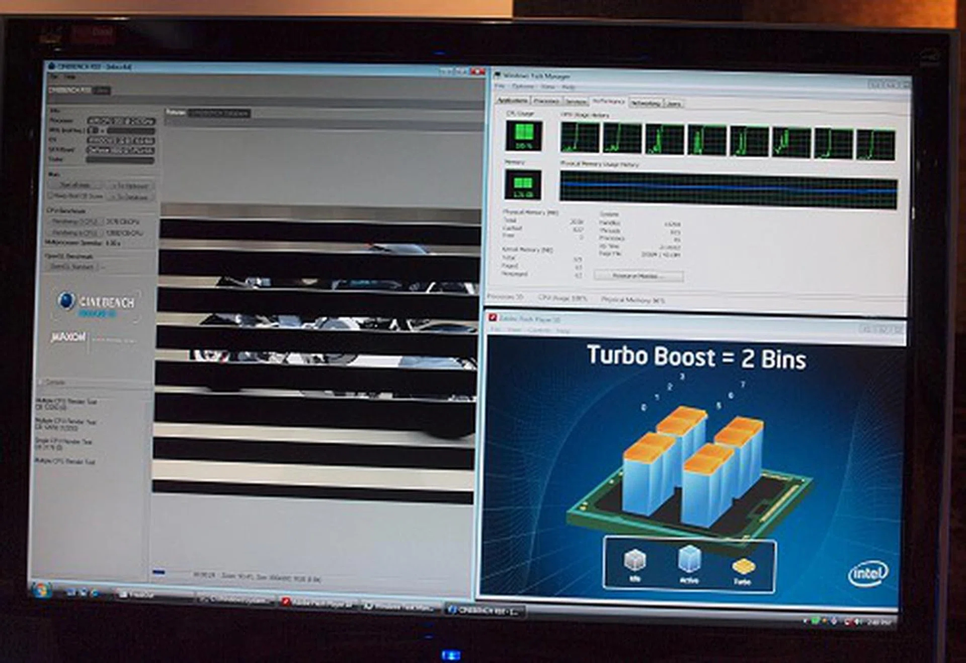  We tried running CineBench just to have a feel on how much of a turbo would it apply on the processor and on which cores. From our mini trial, it seems that Cinebench spreads the load very evenly among the cores and thus processor loading and even turbo applicability was very even all through the test. We'll need more trials on other applications to get a better conclusion of the architecture, but that'll probably have to wait for our review in the future.  