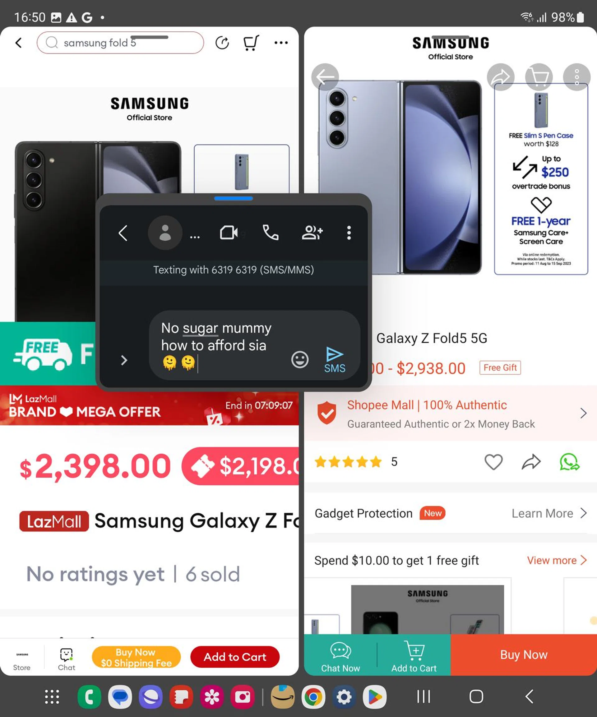 You can also have two "normal"-sized apps, or even split them into four apps operating in their own quadrants. That doesn't include floating app windows, like our text message.