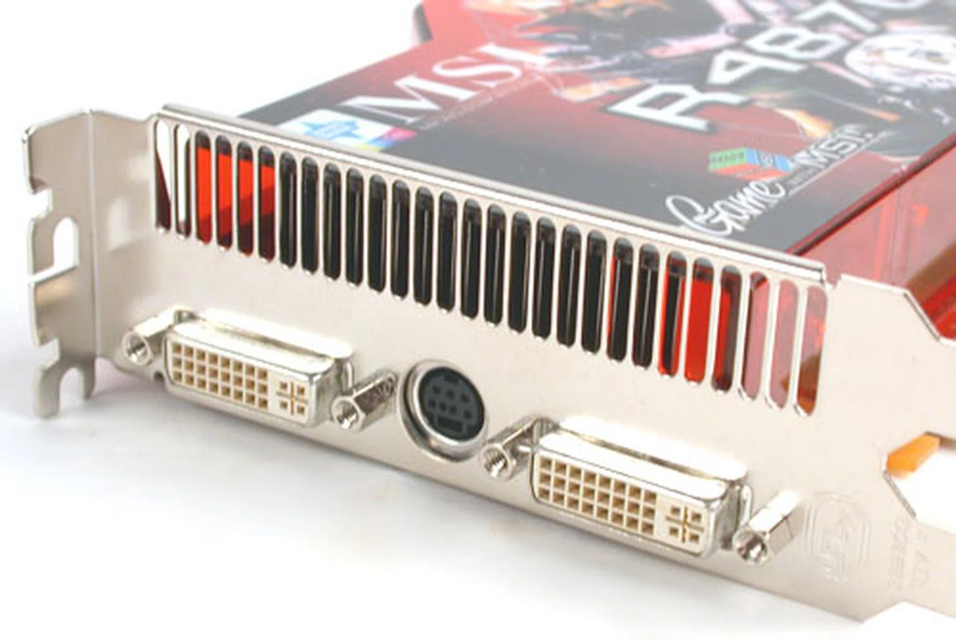 The rear I/O outputs on the Radeon HD 4870 are the usual ones, a pair of HDCP compliant DVI outputs and a mini-DIN. There's also the exhaust vent for the warm air passing from the heatsink. 
