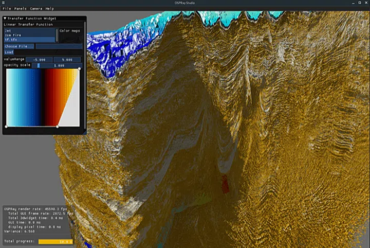 Screen capture of OSPRay Studio application rendering the Moroccan Ocean Shelf with Intel OSPRay and Intel OpenVKL (Image source: Bureau of Economic Geology at The University of Texas at Austin and the Moroccan National Office of Hydrocarbon and Mining via Intel)