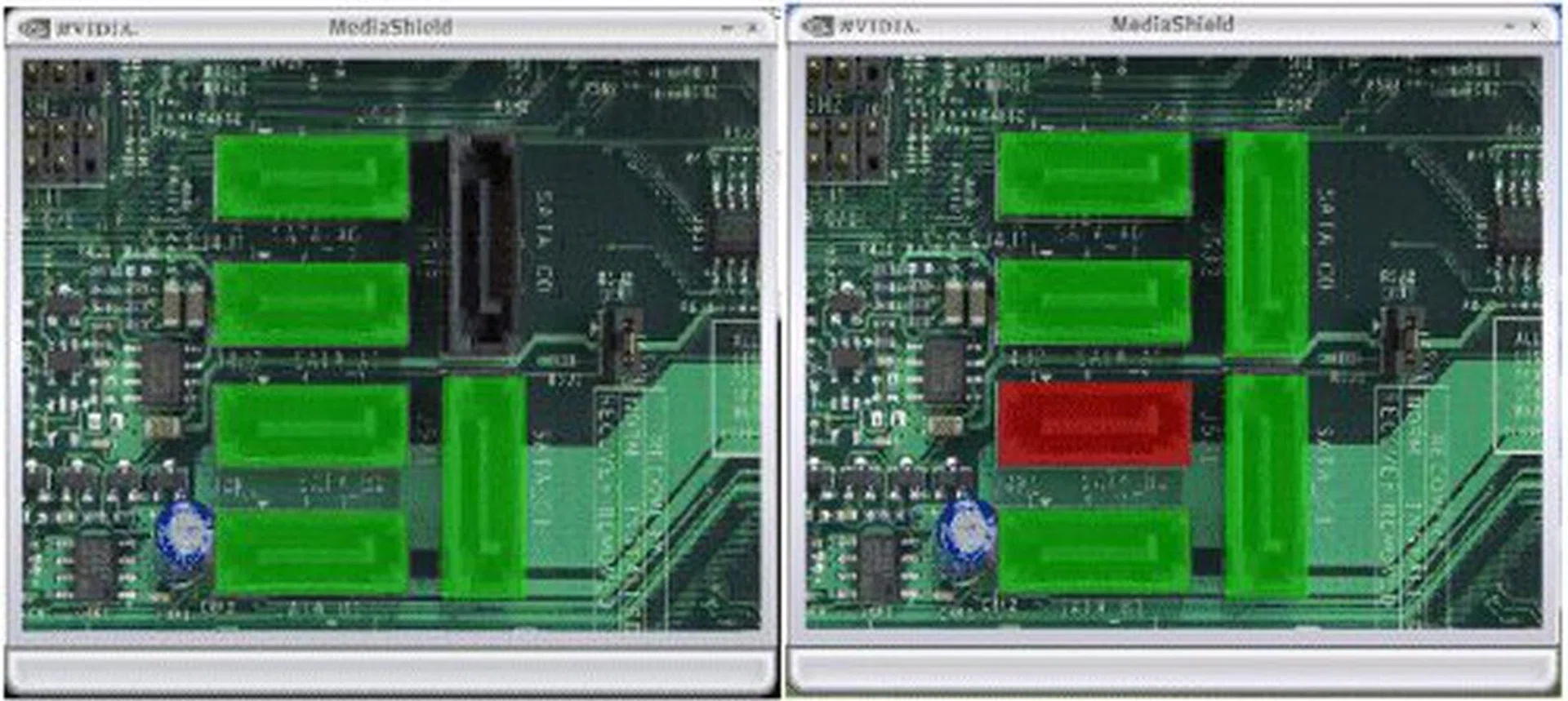 MediaShield control panel will show a graphical representation of the SATA ports that are connected and the condition of the devices. To the left you'd notice that five out of six ports are used, all in good condition. To the right, one of the HDDs have failed and is highlighted in red. 