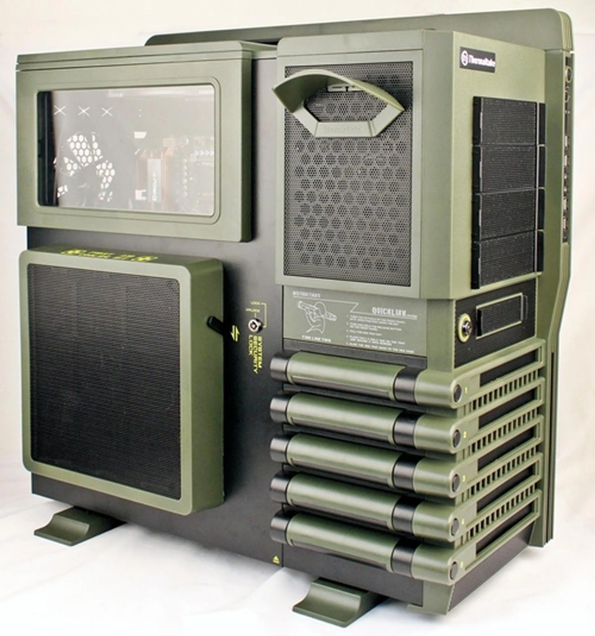 The Thermaltake Level 10 GT Battle Edition has a well-ventilated side panel with vents that are covered with wire mesh; its front fascia is also ventilated as such.