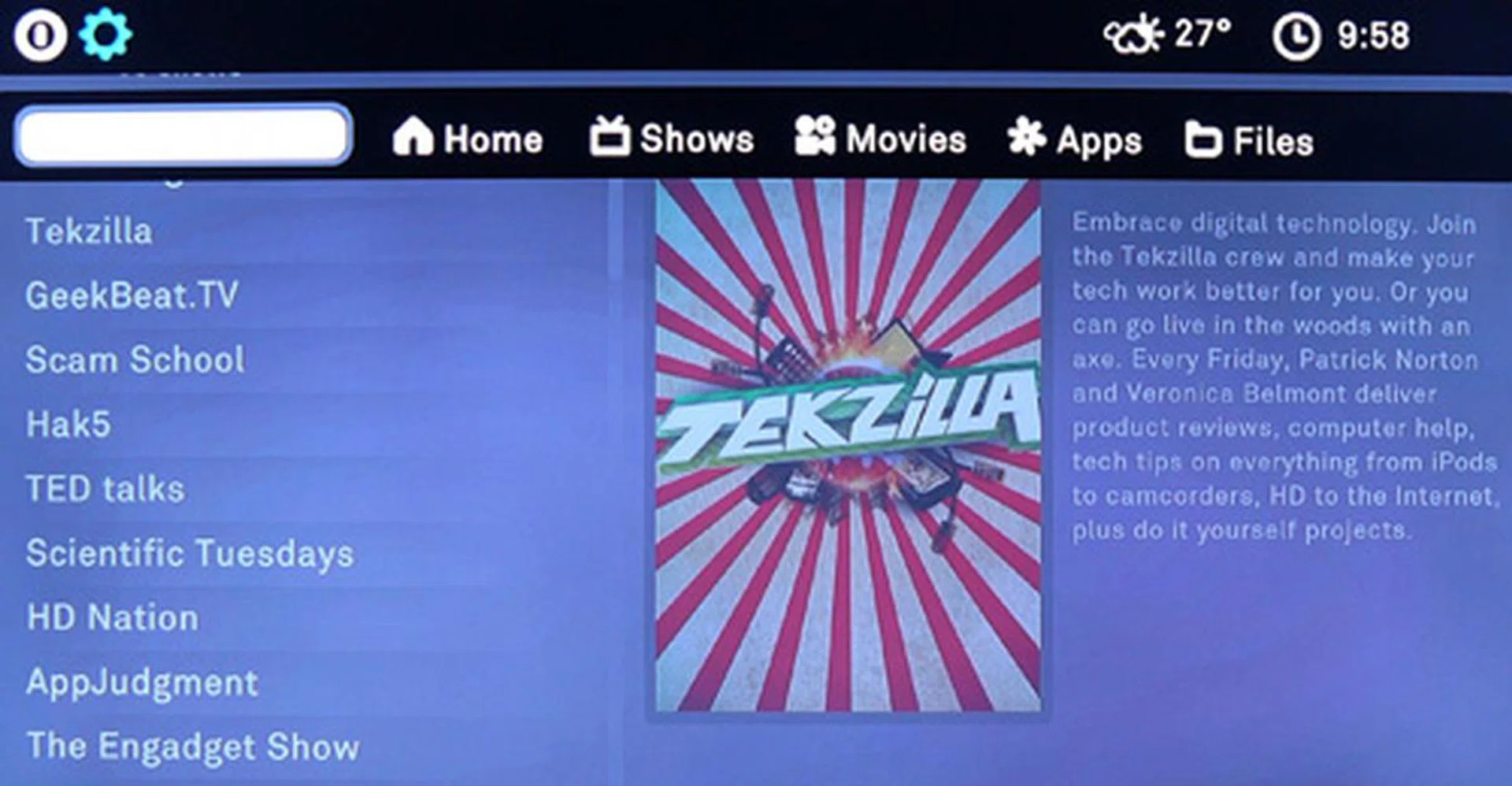 While the home page layout is clean and simple, we think a dedicated settings icon would have further enhanced the Boxee's user experience. To reach the Boxee's settings, you'll have to hit the Menu button on the remote and select the icon (top left) on the secondary screen.