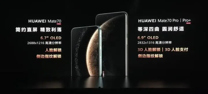 Huawei Mate 70 and Mate 70 Pro display specifications. Image: Huawei.