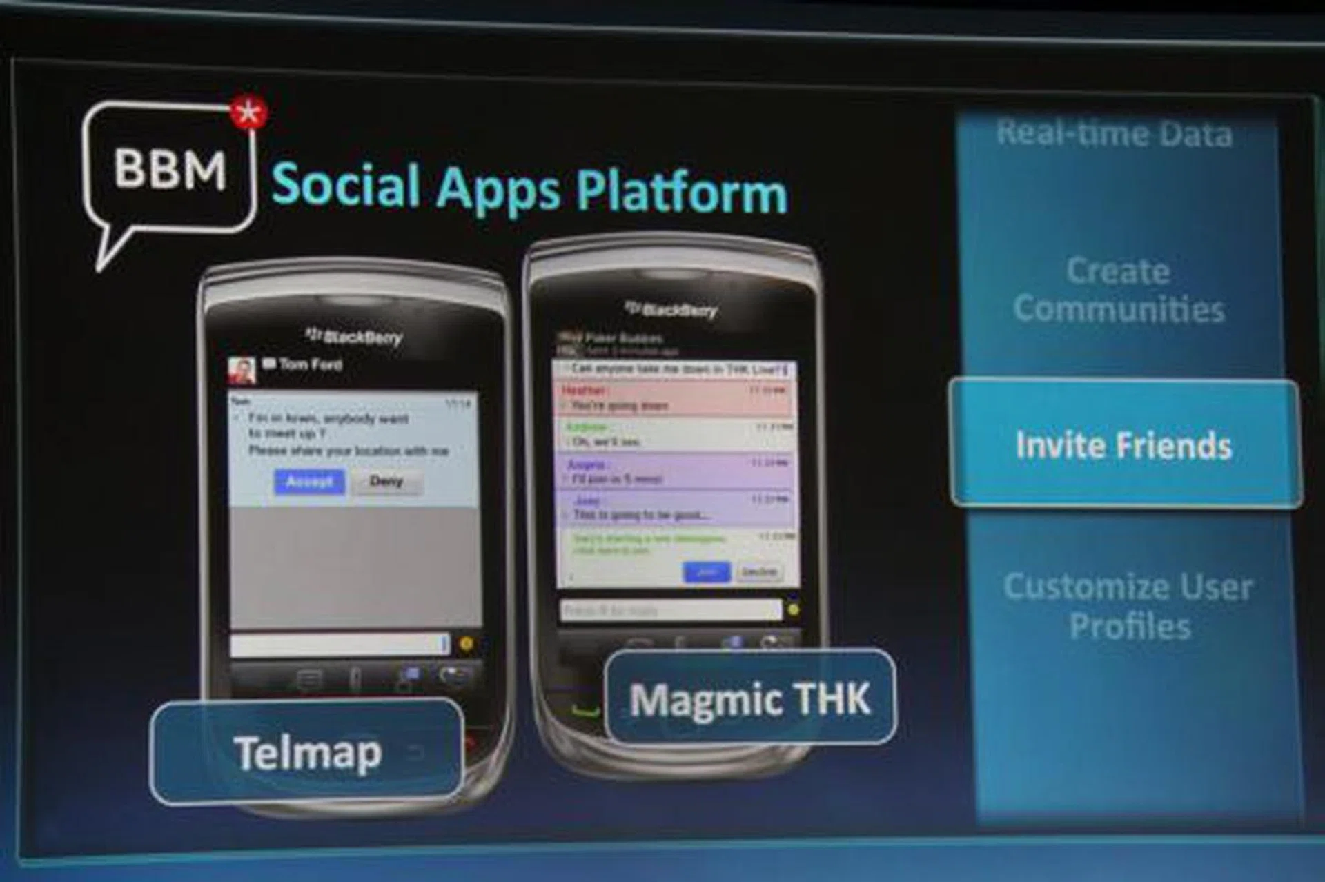 Several developers have produced apps that leverage on the BlackBerry Social Apps Platform such as Telmap and ScoreMobile. Basically, within the apps, users can invite other BBM users to join in, do data transfers and chat within their own BBM private circle of friends.