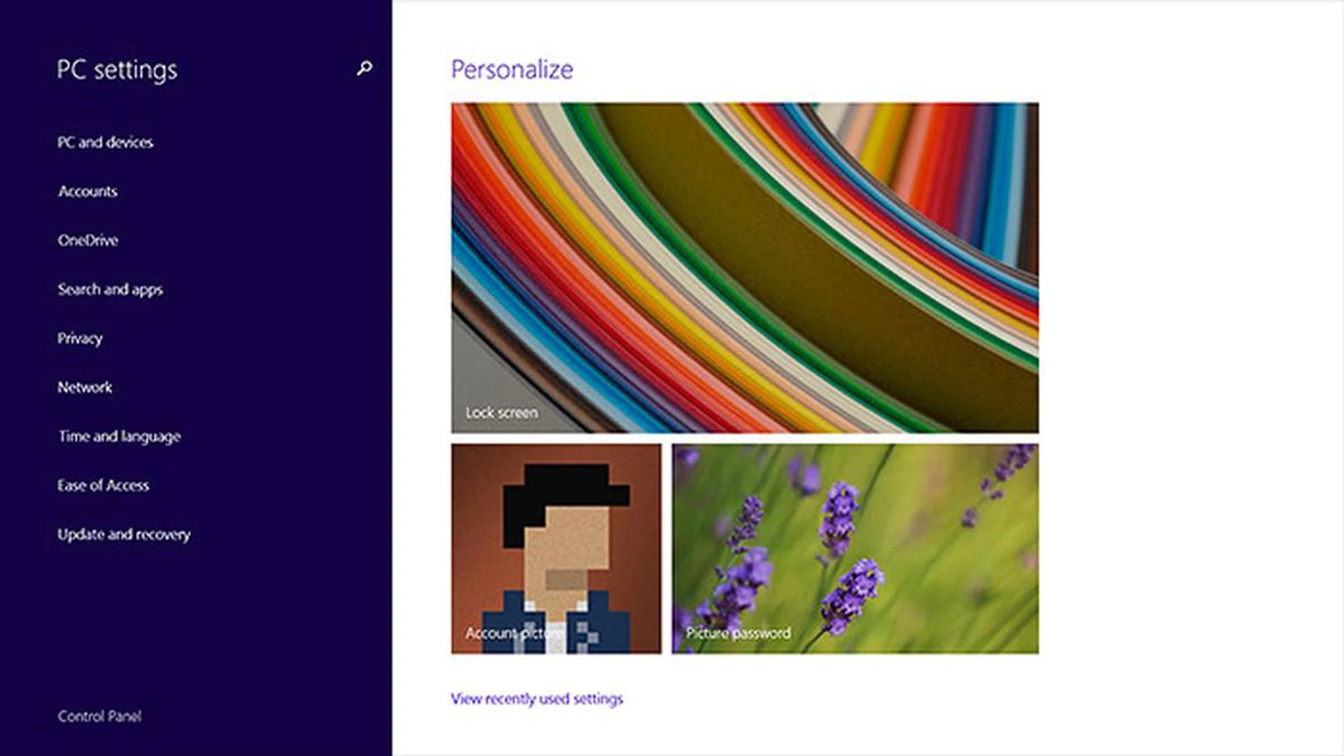 A link is often the quickest way for mouse users to get from one place to another. Case in point: The Control Panel link at the bottom left in PC Settings.