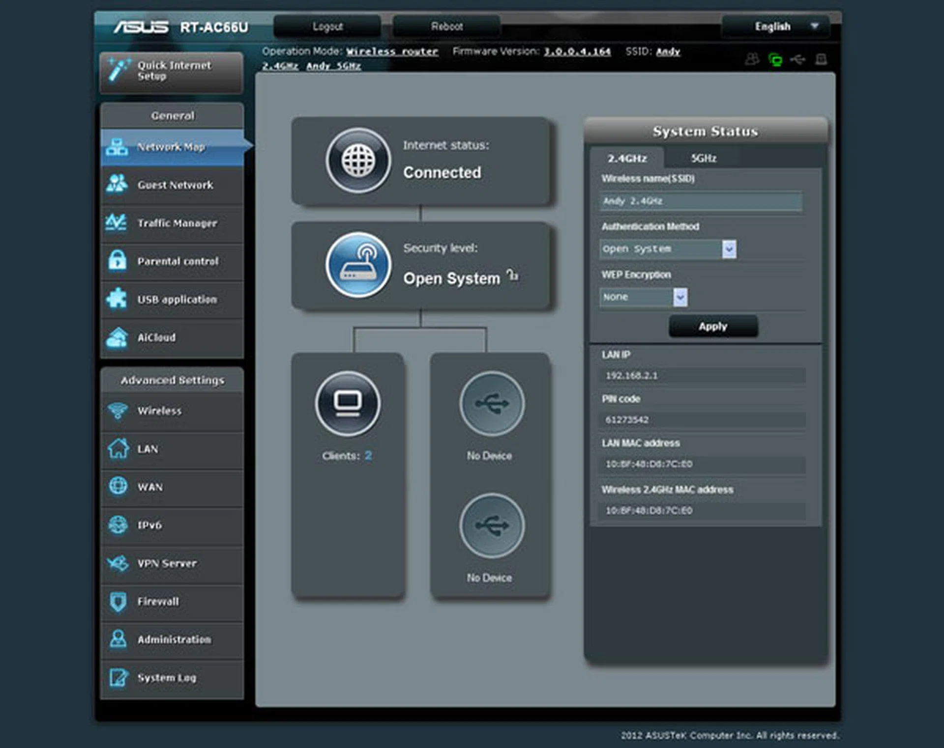 The latest ASUSWRT Dashboard looks very similar to the older version, although the main icons on the left are clad in blue instead of colored ones. The System Status column on the right enables you to make basic changes to both wireless bands on the fly.  