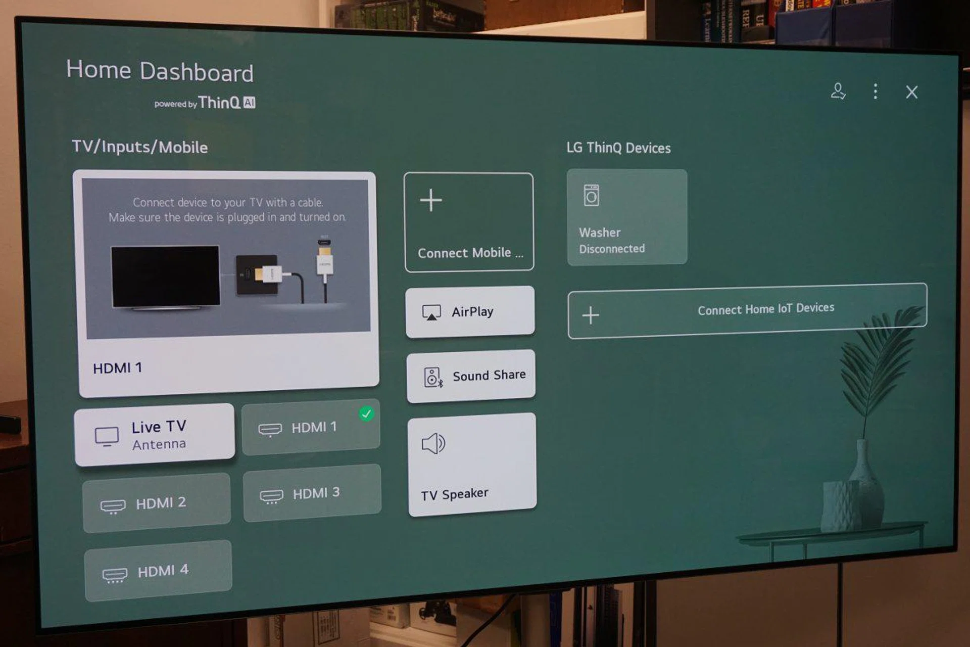 Here's what the smart home dashboard looks like to connect up various IoT devices and manage them. As you can tell, yes, I have an LG washer at home that I can opt to get updates via the TV if its wash cycle is done and the like.