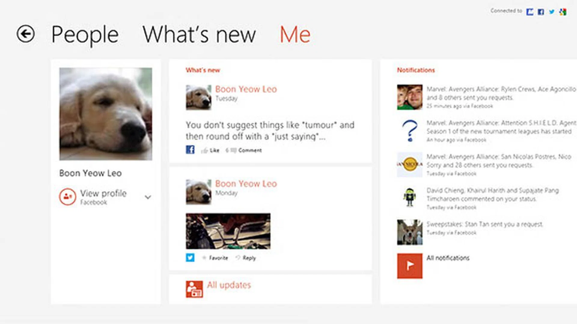 The Me view lets you see and edit your own contact information. You can also see your own What's new feed, pending requests, and photos you've posted on configured accounts.