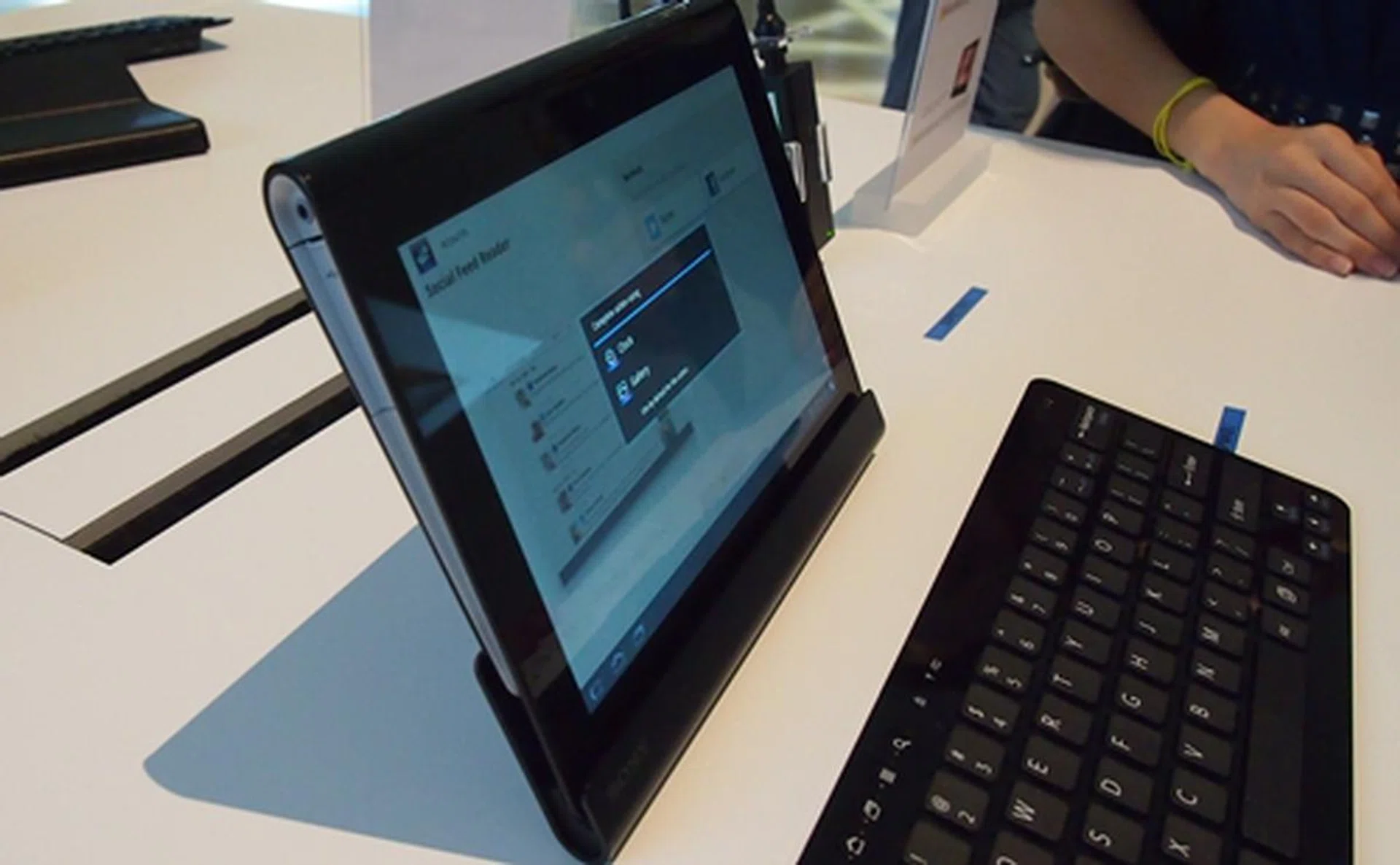 Seen here are the cradle and Bluetooth keyboard for the Sony Tablet S. Prices for these accessories are unavailable at the moment.
