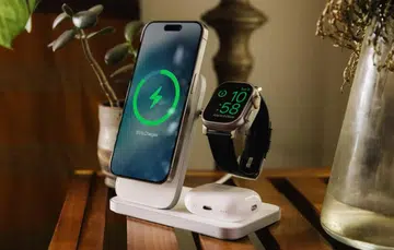 The Nomad Stand One Max offers MagSafe charging for the iPhone up to 15W and fast charging for the Apple Watch.