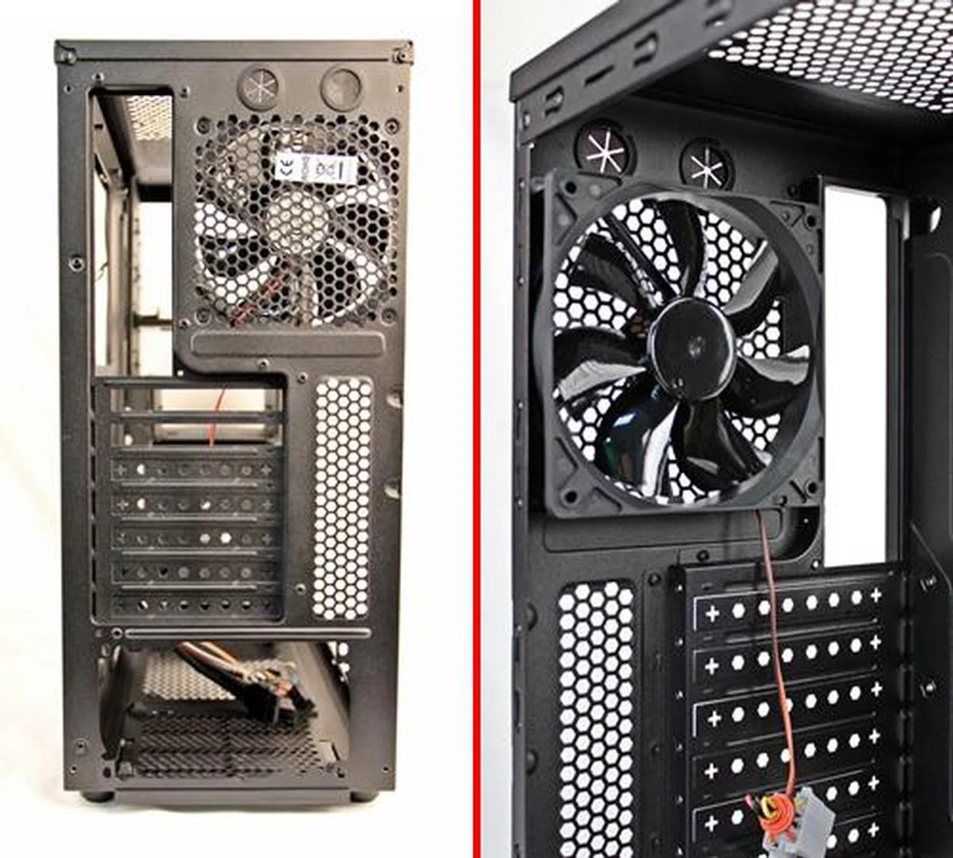 The rear view of the Ostrog that is typical of a mid-tower ATX casing. Note the expansions slot covers aren't re-usable and need to be bashed out on initial use - very old-school.