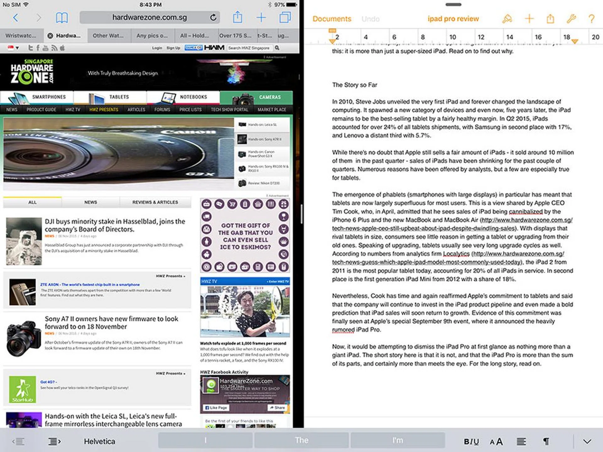 The iPad Pro was designed with multi-tasking in mind and is great for power-users who might need to run two apps concurrently. This is Split View, where both apps take up half of the display.