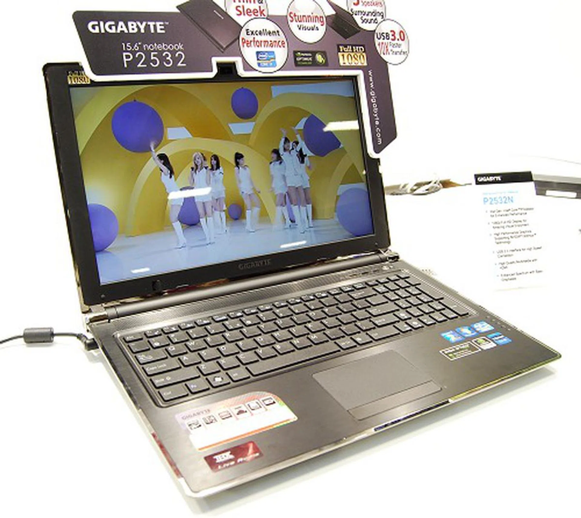 Gigabyte's recently introduced top of the line notebook is this P2532N Sandy Bridge equipped 15.6-inch full HD model. Specs include an Intel Core i7-2630QM processor, Intel HM65 chipset, Intel HD Graphics 3000 with NVIDIA GeForce GT 550M dual graphics working seamlessly with NVIDIA Optimus technology and quad speaker with a subwoofer. Estimated to be about US$1,500+, this is a fairly beefed up multimedia notebook.