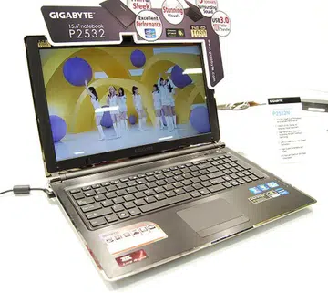 Gigabyte's recently introduced top of the line notebook is this P2532N Sandy Bridge equipped 15.6-inch full HD model. Specs include an Intel Core i7-2630QM processor, Intel HM65 chipset, Intel HD Graphics 3000 with NVIDIA GeForce GT 550M dual graphics working seamlessly with NVIDIA Optimus technology and quad speaker with a subwoofer. Estimated to be about US$1,500+, this is a fairly beefed up multimedia notebook.