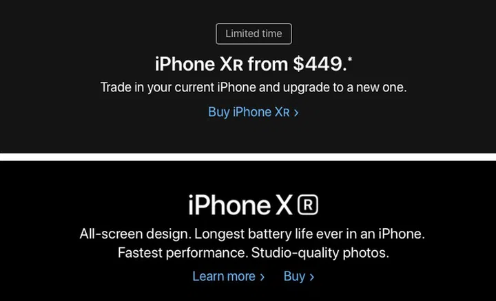 Apple updated its U.S website to reflect a trade-in promotion and the flagship features of the iPhone XR. 