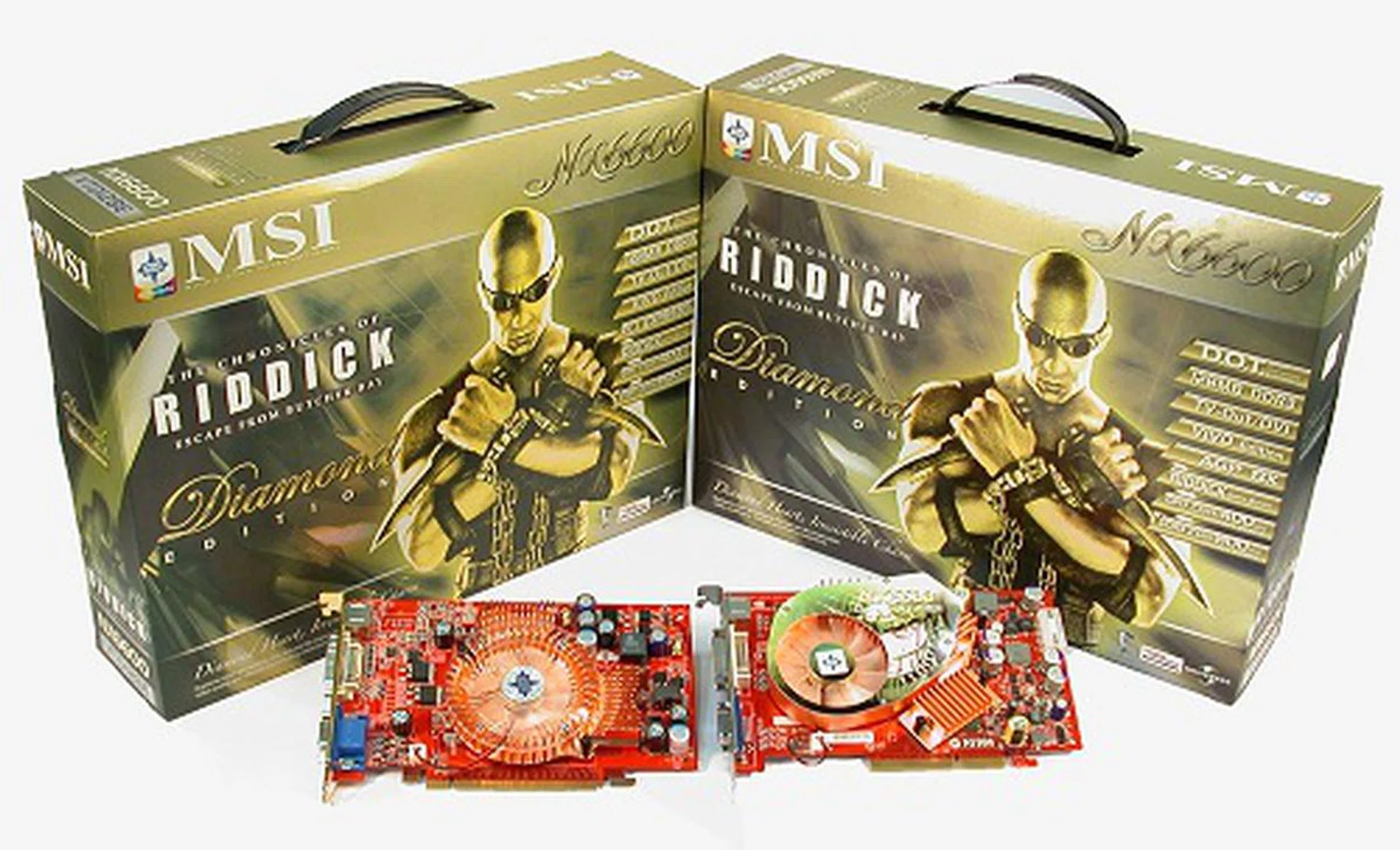 Showcased side by side are the MSI NX6600-VTD128E Diamond (PCIe x16) on the left and the MSI NX6600-VTD128 Diamond (AGP 8x) on the right.