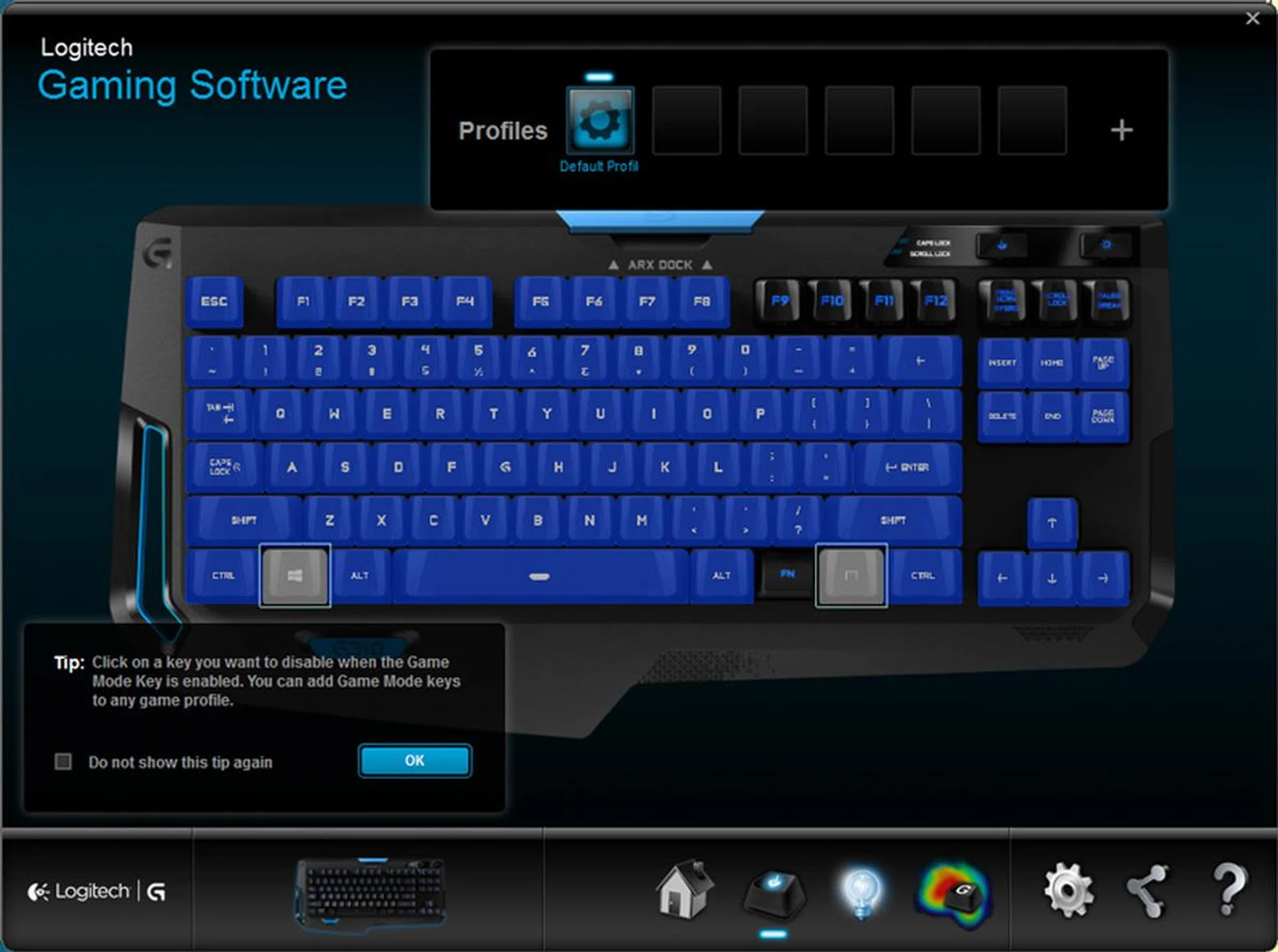 The Profile page allows you to customize your own gaming profiles. Want a profile that ignores the space bar if it's pressed? Go right ahead. This is probably the sole reason you'd want the LGS for, if you're a gamer.