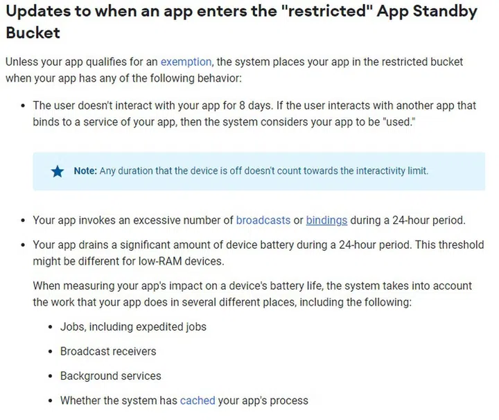 Updates to the "restricted" app bucket list, which restricts battery usage on Android 13.