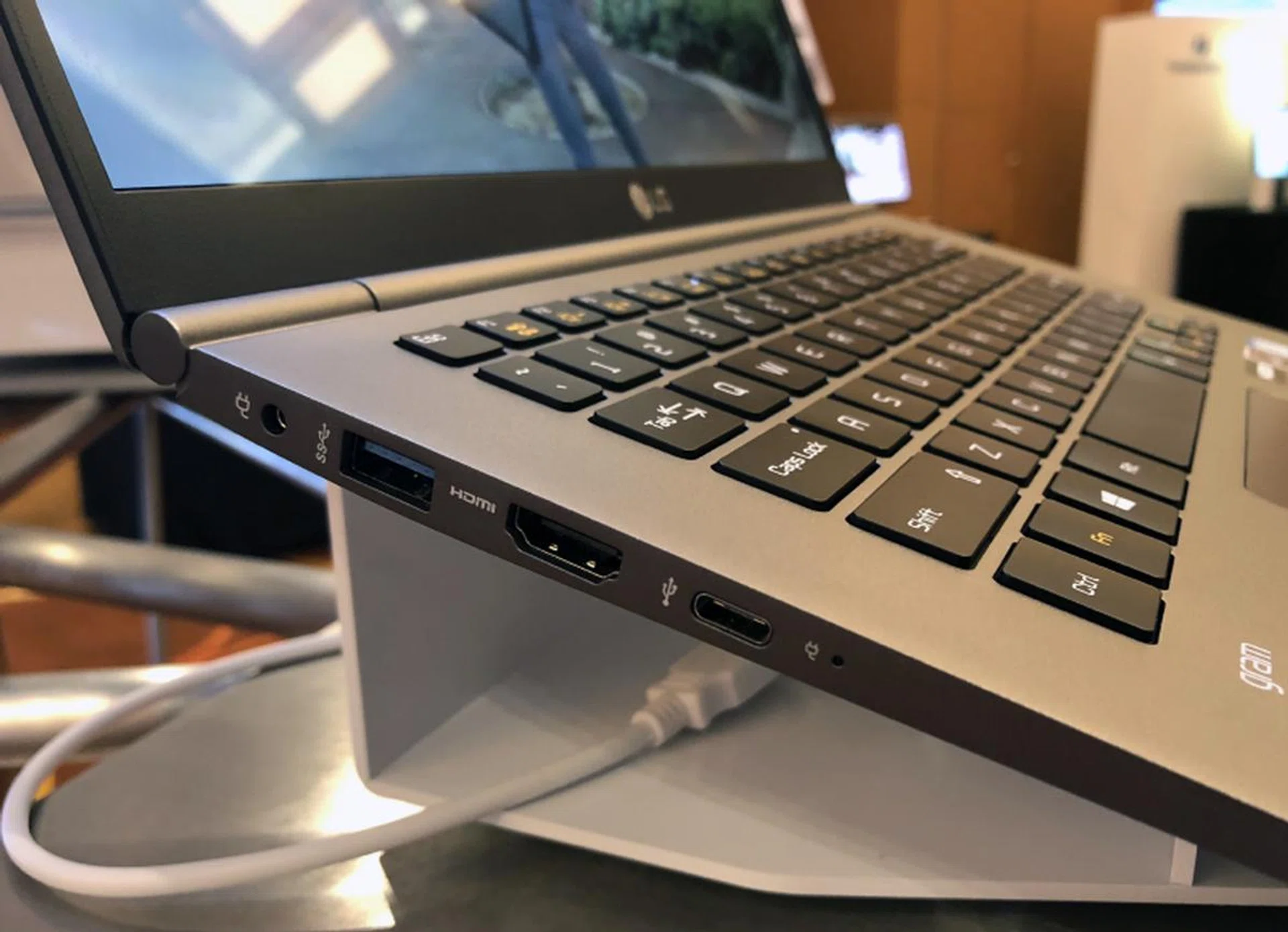 On the left, there's a USB 3.0 port, a HDMI port, and a USB-C port supporting USB 3.1.