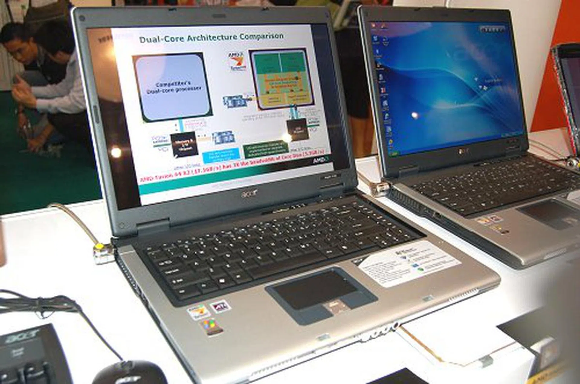 Acer range of Aspire notebooks running the Turion 64 X2 processors featuring large 15.4-inch WXGA LCDs and ATI Radeon Xpress 1100 plaform and graphics engine. The Aspore 5101AWLMi and 5102WLMi were on offer for S$1198 and S$1298 respectively.