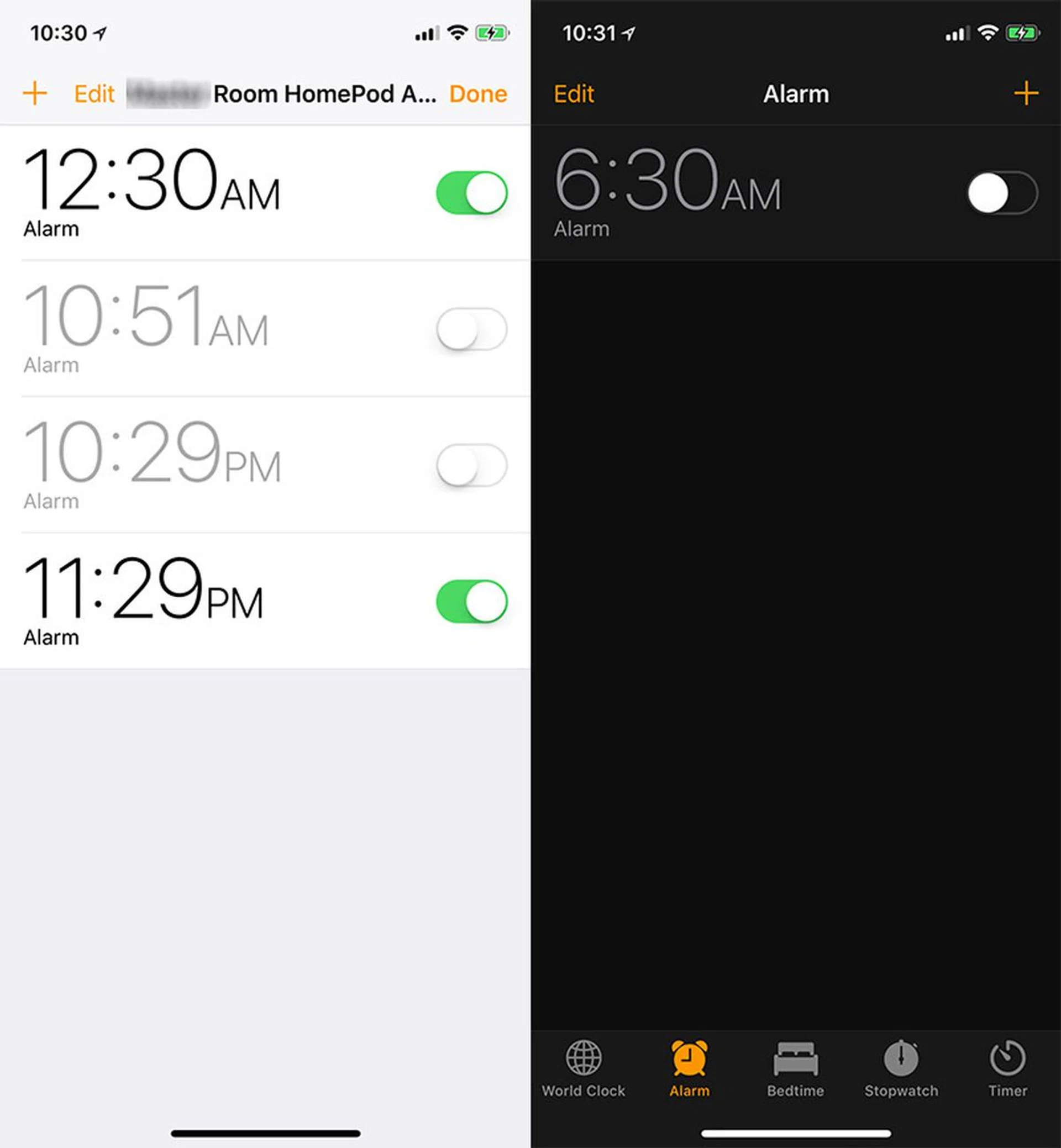 Great, now I've to manage two alarm lists. (Left: HomePod's alarms in Home app; right: iPhone's alarms in Clock app.)