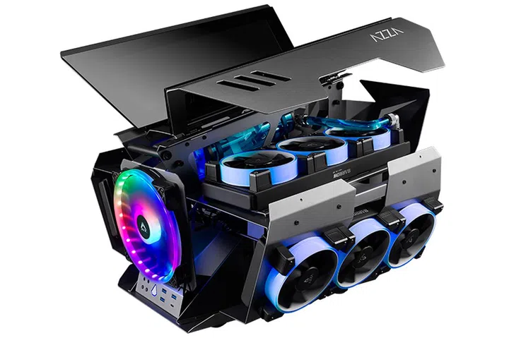 A fully equipped Azza Overdrive case with water cooling and fans fitted on every inch of the available space.