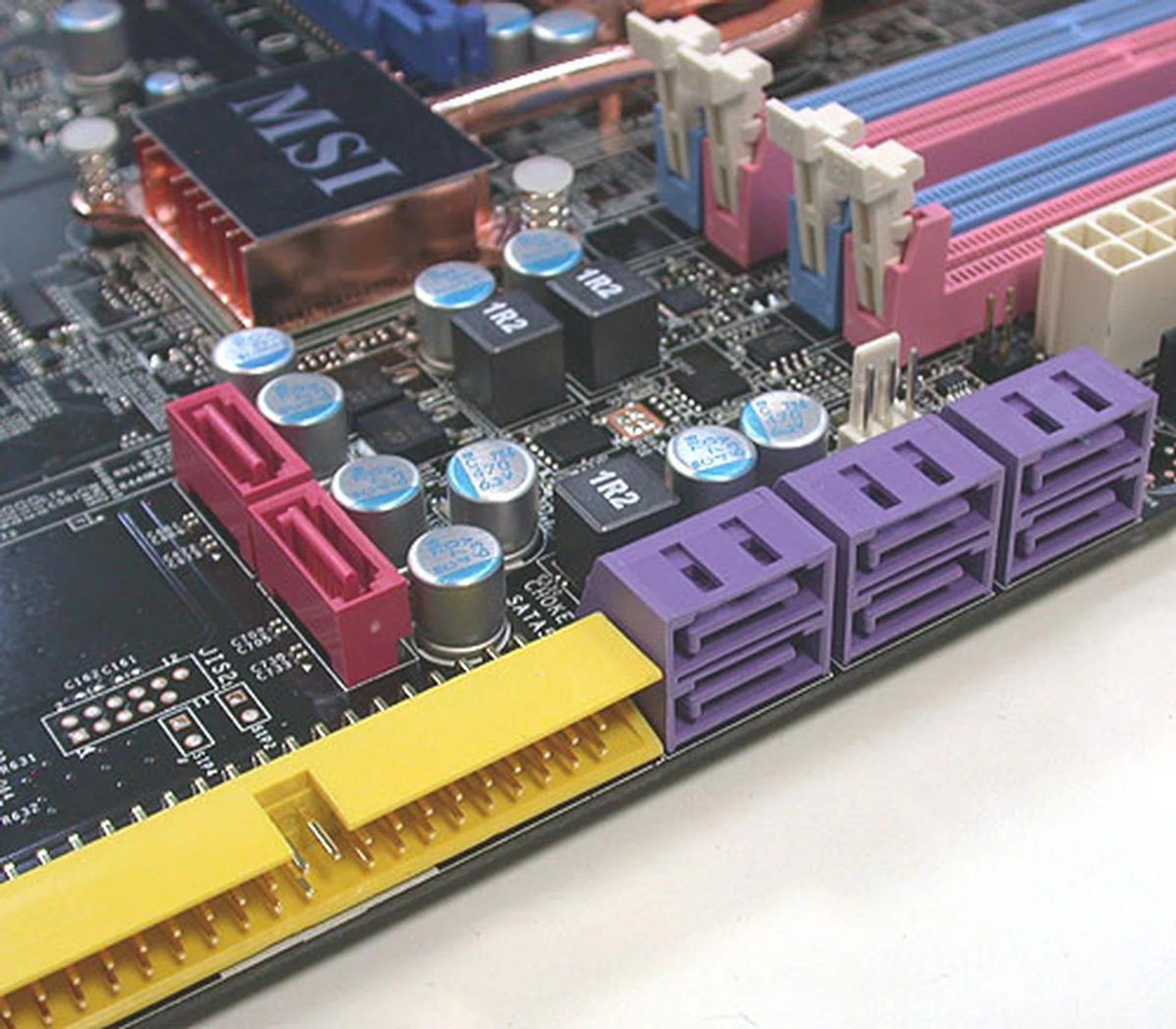 There are six SATA 3.0Gbps ports along with 2 SATA RAID. The included IDE port is courtesy of a third party IC, in this case, a JMicron JMB363.