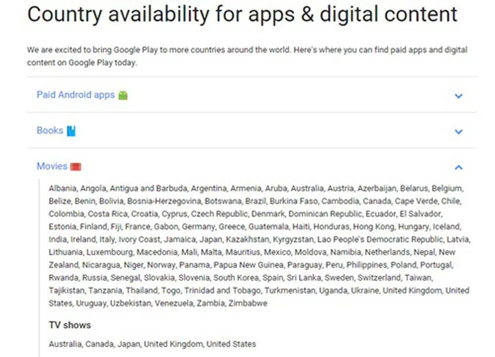 The list of countries on Google Support is not updated at the moment.
