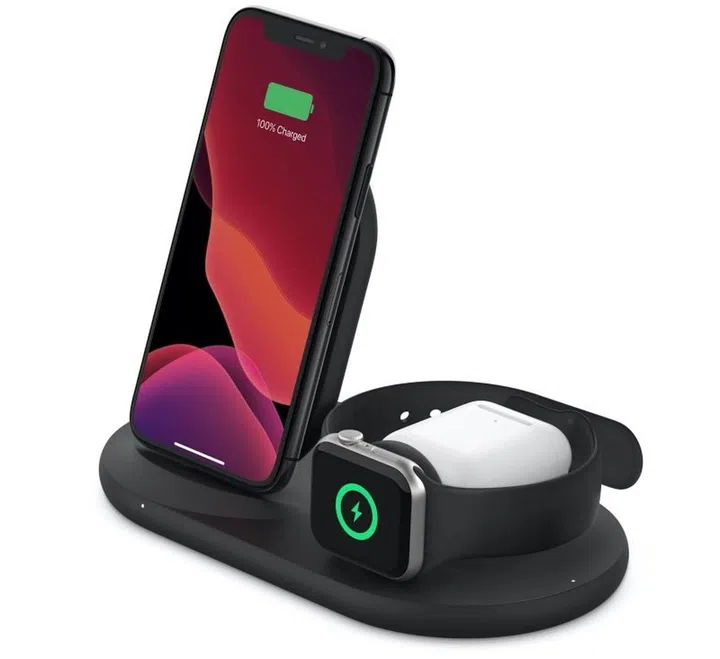 The Belkin Boost Charge 3-in-1 Wireless Charger for iPhone + Apple Watch + AirPods.