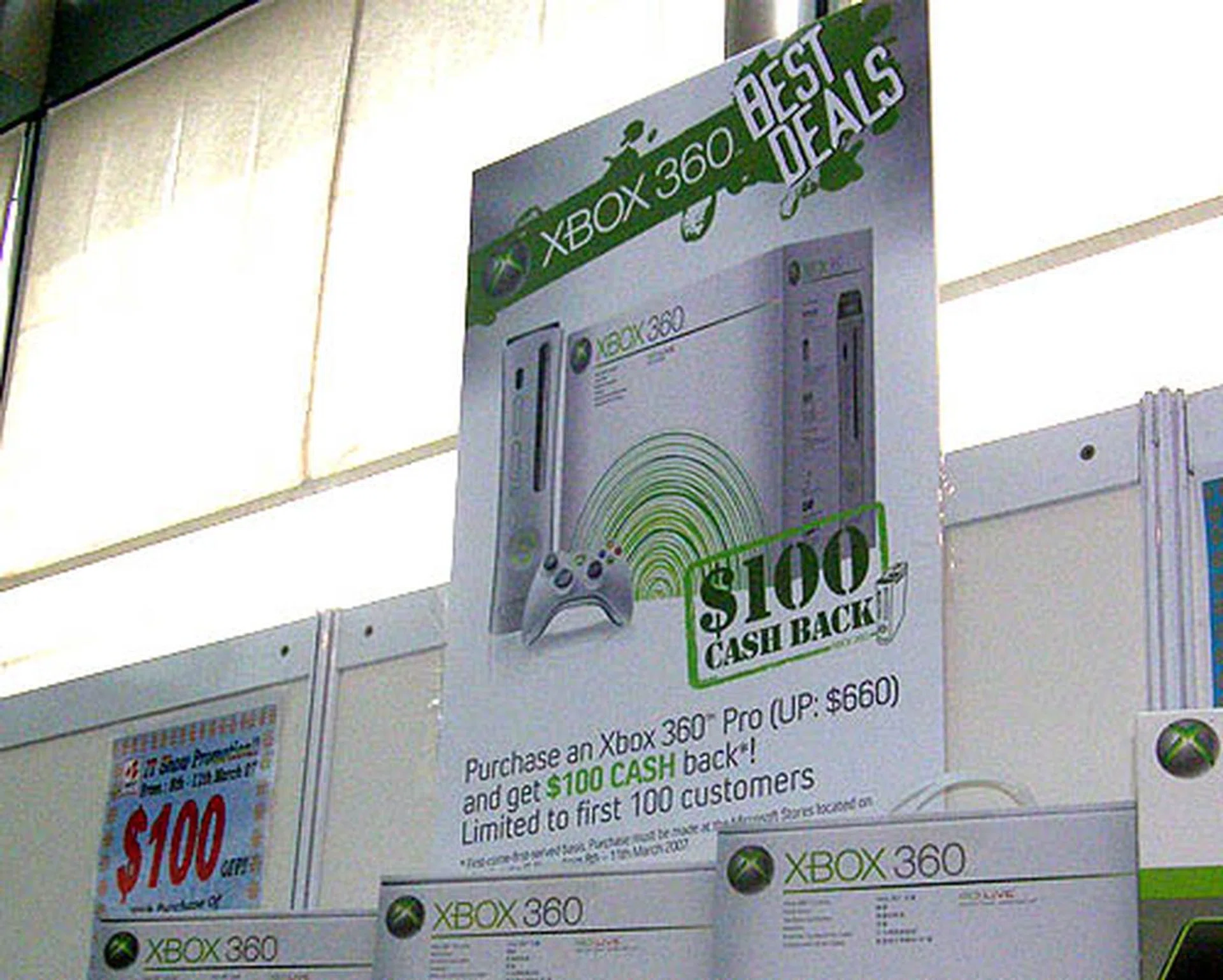  Microsoft certainly wasn't going to let Sony's Playstation 3 steal its thunder. It was letting the XBOX 360 Pro go for only S$560 after a S$100 cash back deal. This of course only applied to the first 100 customers.  
