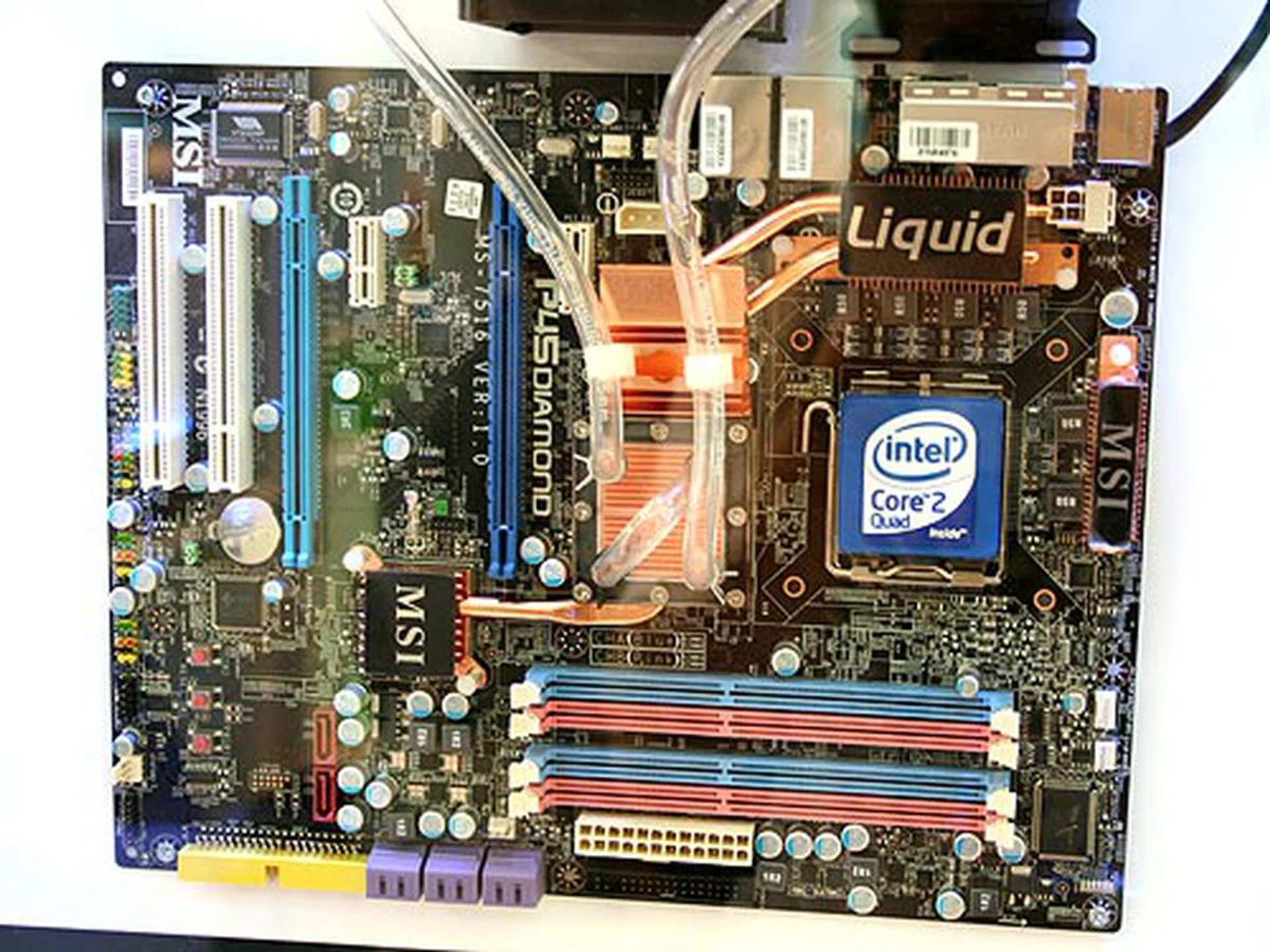  The MSI P45 Diamond is yet another premium board for overclockers. Featuring Intel's P45 chipset, ten SATA II ports (eight internal and two eSATA), DDR3-1600 slots, Creative SB X-Fi Extreme PCIe audio card and dual Gigabit LAN ports, the board is also equipped with a water cooling block on the north bridge. This gives overclockers the convenience to integrate water cooling devices with the motherboard.  