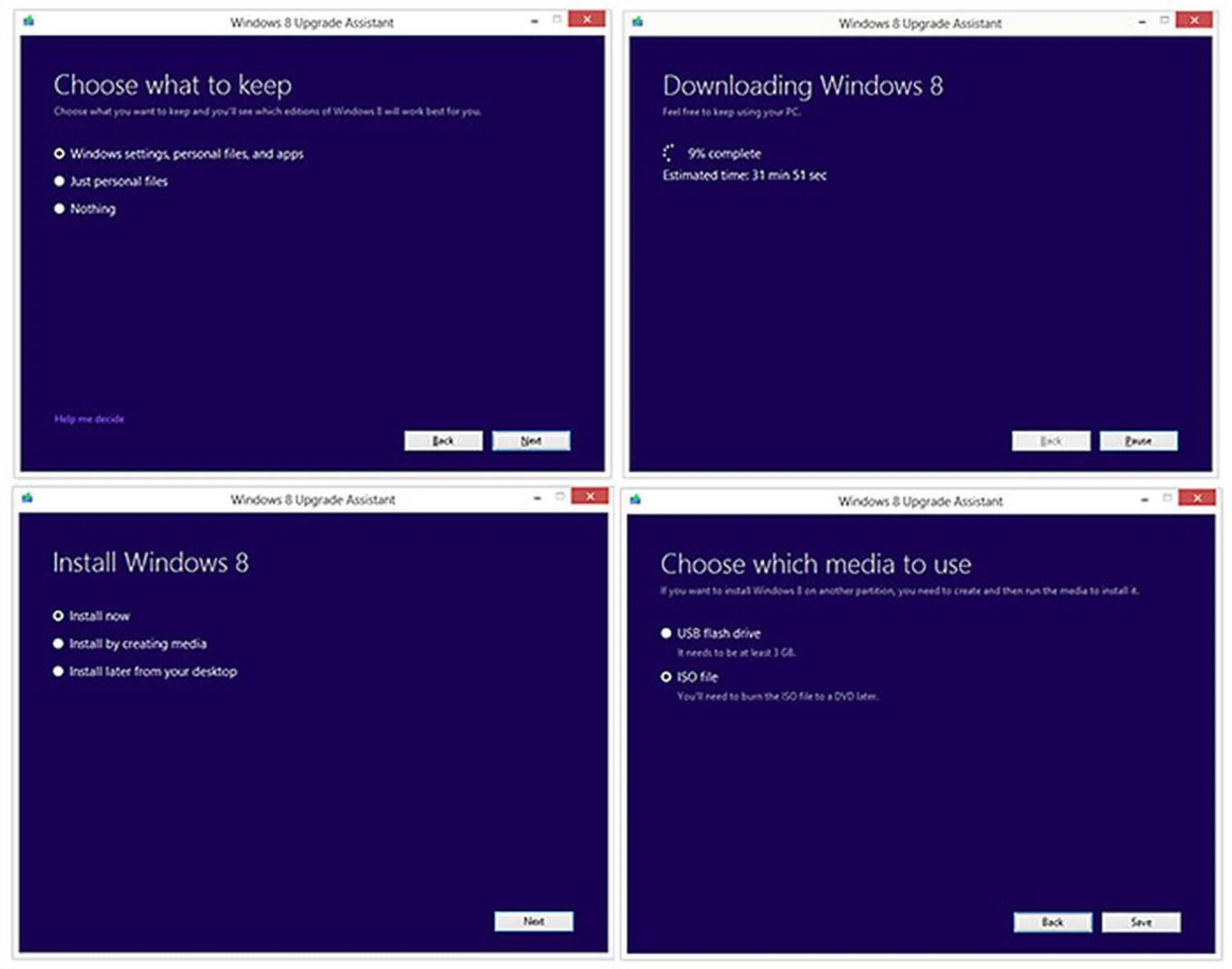 You can choose what files to keep (depending on existing Windows version), pause a download, and even create a bootable USB drive or ISO DVD for later installation. (Image source: Microsoft.)