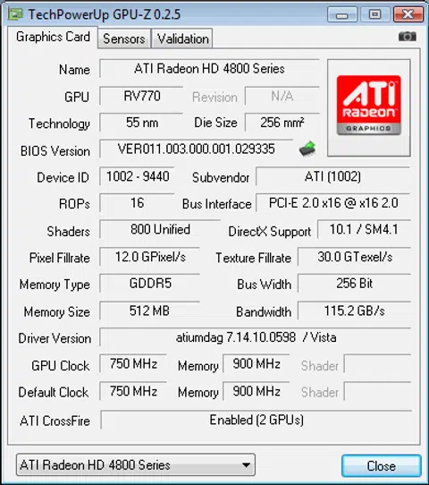 You'll need GPU-Z 0.2.5 to display the memory bandwidth of the Radeon HD 4870 correctly, due to its debut use of GDDR5 memory. 