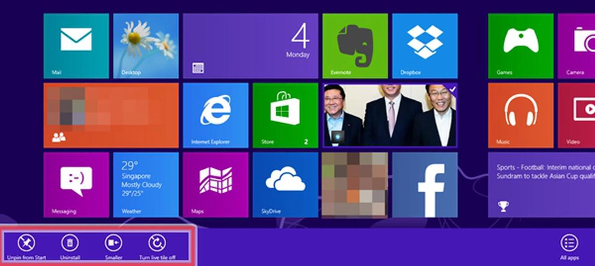 You can unpin a Tile, uninstall, resize or turn the live tile off from the Start Screen.