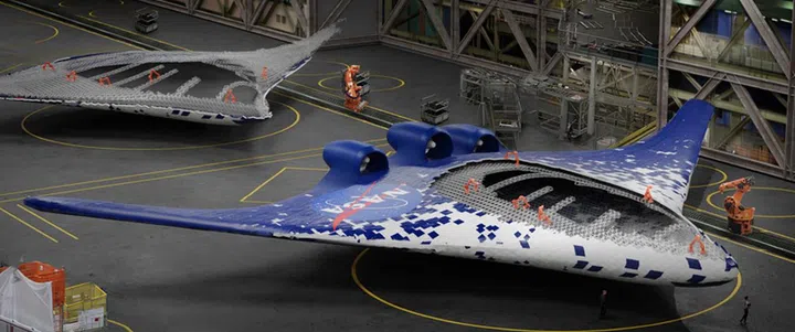 This conceptualized image shows a NASA craft that's been assembled by robots, using the same construction methods as the new wing structure. Image source: Eli Gershenfeld, NASA Ames Research Center